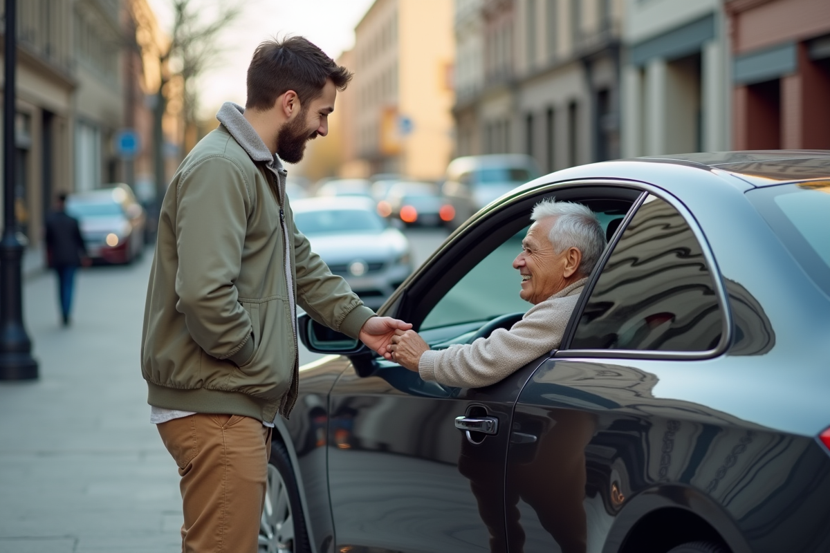 Jeune homme montrant la sélection de vitesse à un proche dans la voiture