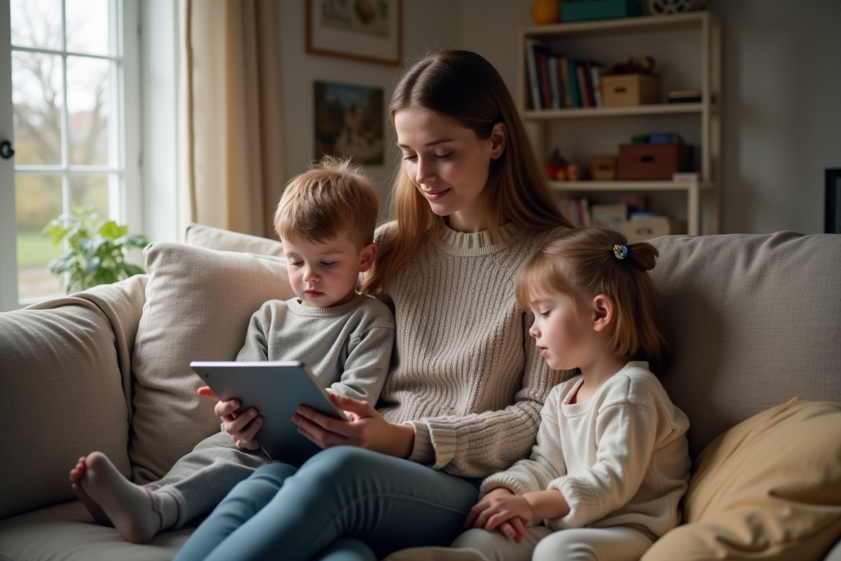 Maman et enfants regardant un tableau de dépenses à la maison