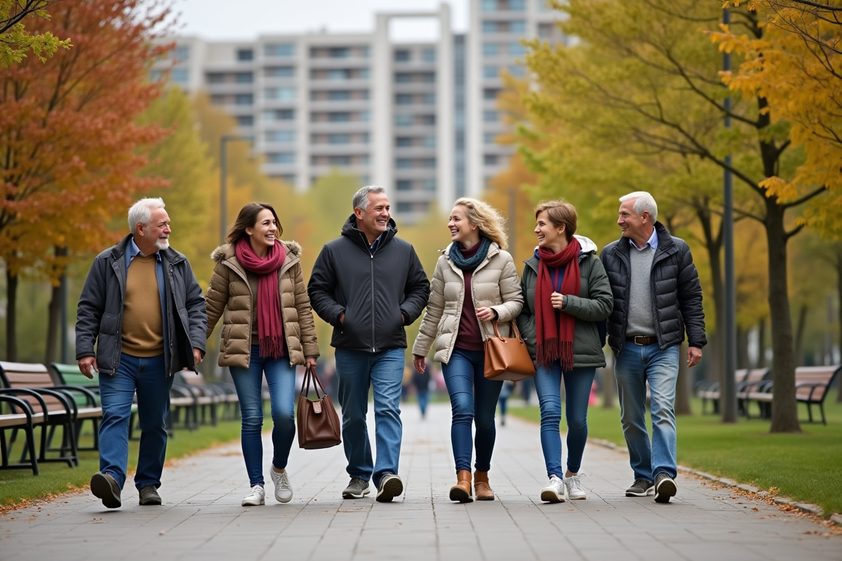 Groupe multigenerationnel marche dans un parc urbain