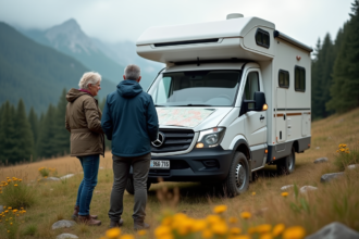 Couple en veste outdoor devant un 4x4 en montagne
