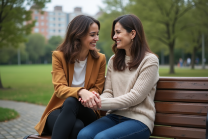 Deux femmes assises dans un parc urbain en toute confiance