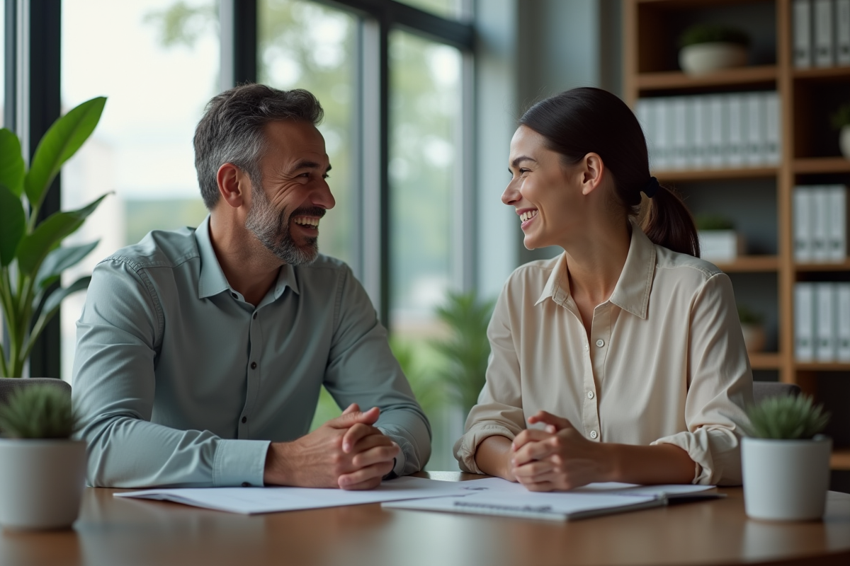 Une femme et un homme en milieu professionnel en échange amical
