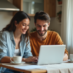 Jeune couple cherchant des locations vacances sur un laptop