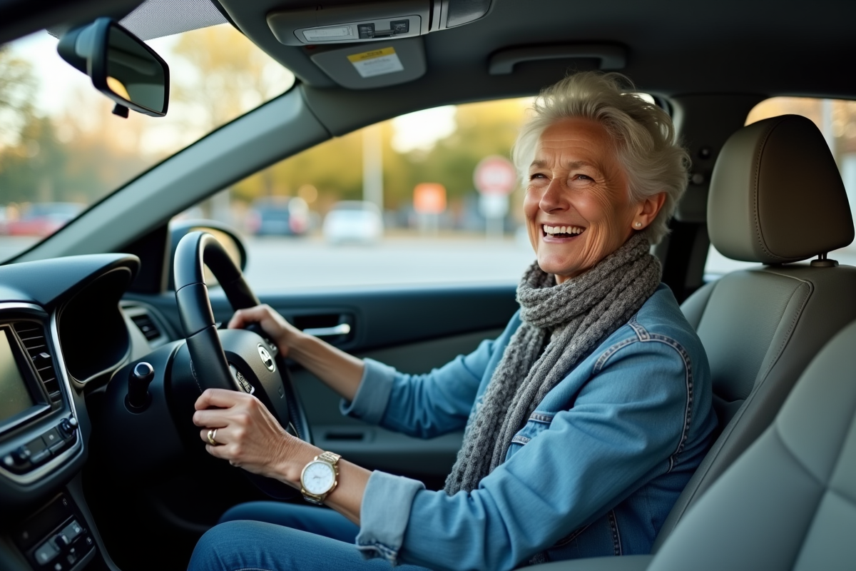 Femme souriante dans la voiture hybride en parking urbain
