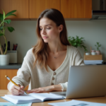 Femme millennial en cuisine avec ordinateur et carnet