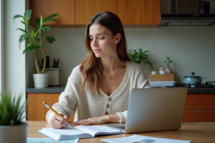 Femme millennial en cuisine avec ordinateur et carnet