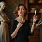 Femme élégante en robe noire dans une boutique parisienne vintage