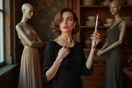 Femme élégante en robe noire dans une boutique parisienne vintage