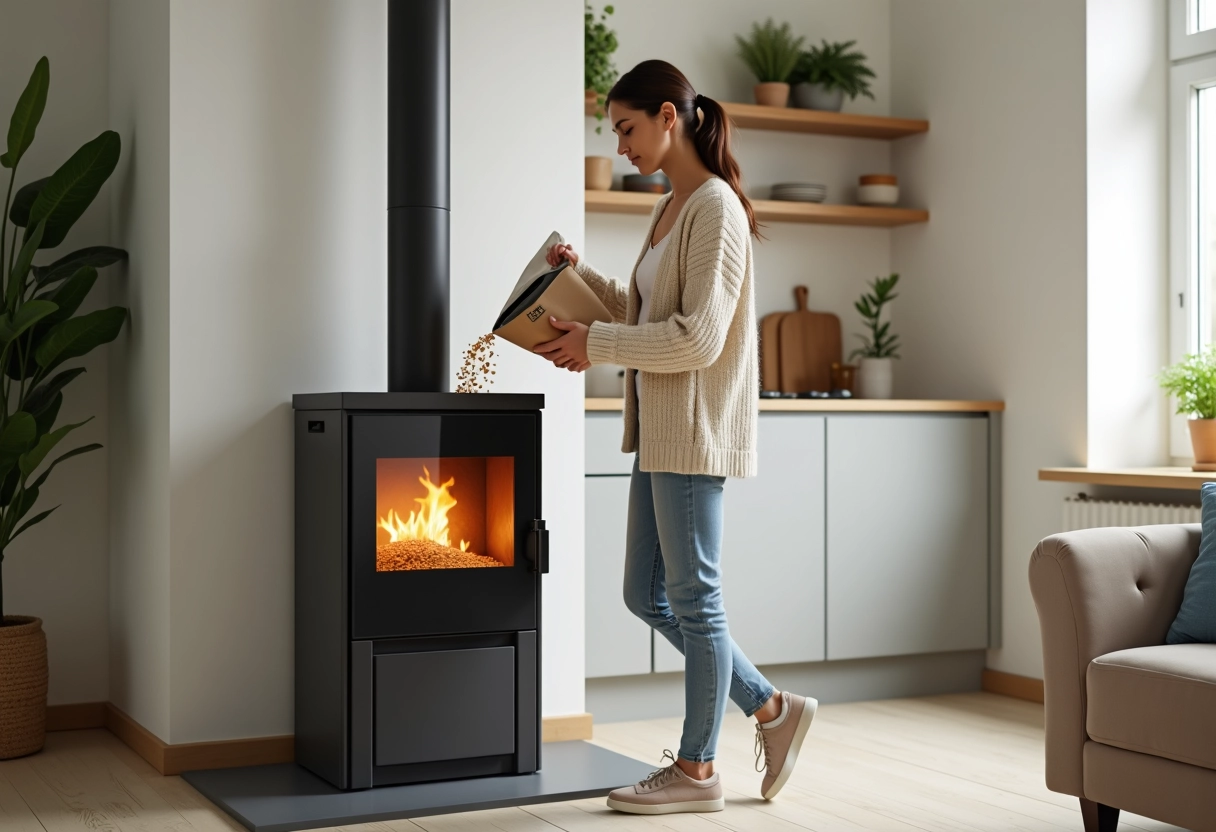 Jeune femme utilisant un poêle à pellets moderne