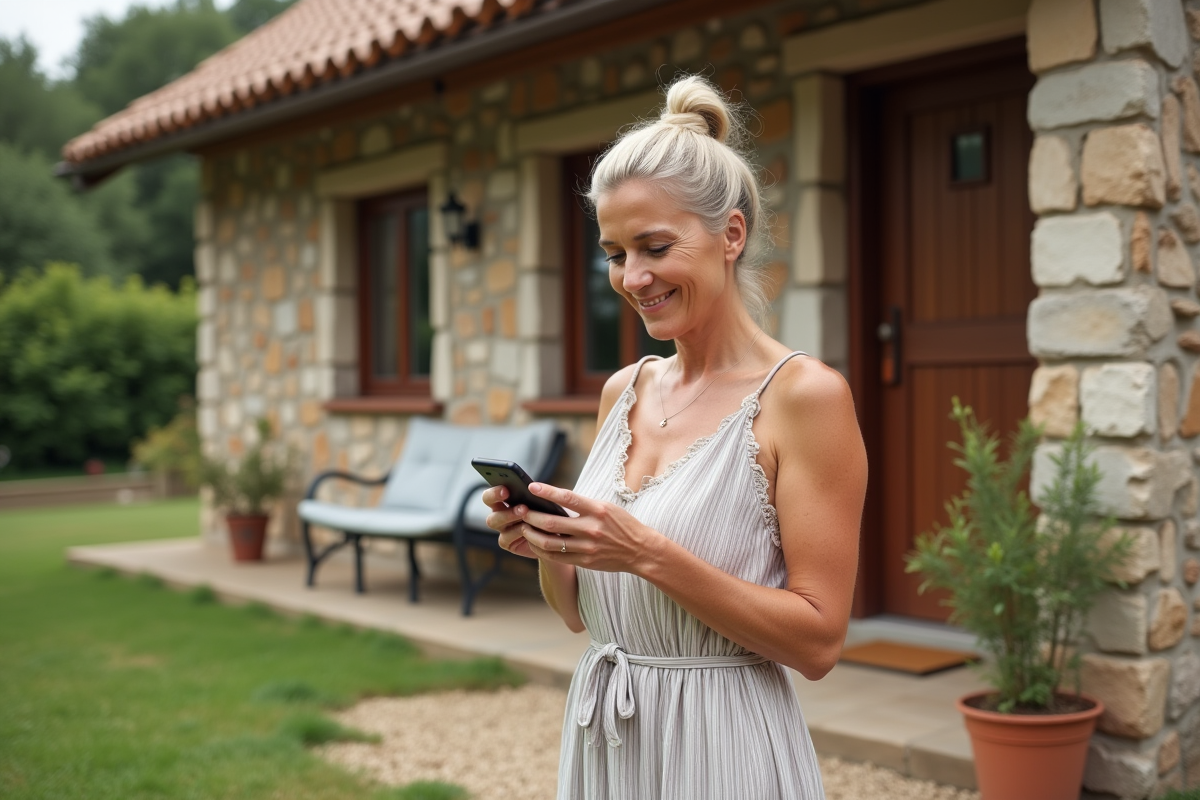 Femme en extérieur consultant des offres de location vacances