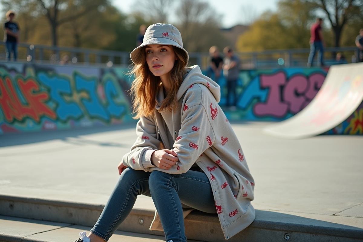 Femme en streetwear assise dans un skatepark urbain
