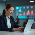 Femme au bureau avec visualisations AI sur ordinateur