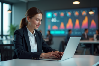 Femme au bureau avec visualisations AI sur ordinateur