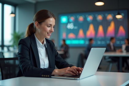 Femme au bureau avec visualisations AI sur ordinateur