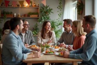 Groupe d'amis en dîner festif ambiance chaleureuse