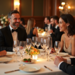 Groupe d'adultes en soirée autour d'une table élégante