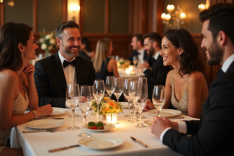 Groupe d'adultes en soirée autour d'une table élégante