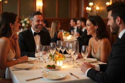 Groupe d'adultes en soirée autour d'une table élégante