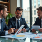 Groupe de trois adultes discutant autour d'une table avec graphiques financiers