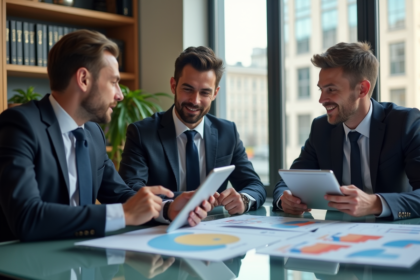 Groupe de trois adultes discutant autour d'une table avec graphiques financiers