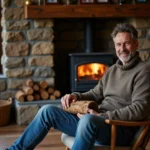 Homme d'âge moyen près de la cheminée en bois