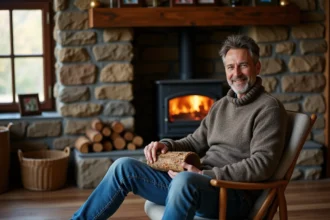 Homme d'âge moyen près de la cheminée en bois