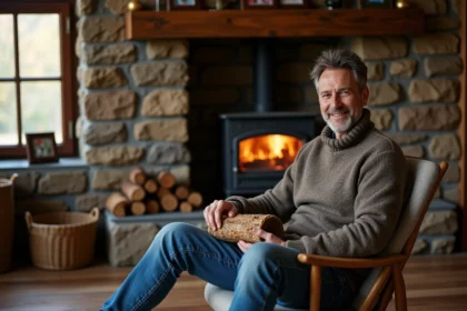 Homme d'âge moyen près de la cheminée en bois