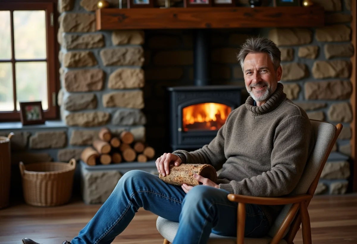 Homme d'âge moyen près de la cheminée en bois