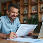 Homme d'âge moyen examinant des documents fiscaux dans un appartement moderne
