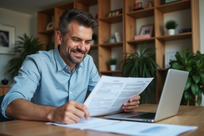 Homme d'âge moyen examinant des documents fiscaux dans un appartement moderne