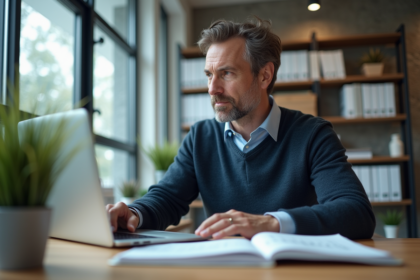 Homme informaticien en sweater examine un ordinateur portable