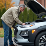 Homme inspectant le moteur d'une voiture hybride en extérieur