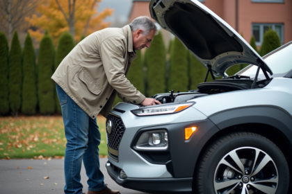Homme inspectant le moteur d'une voiture hybride en extérieur