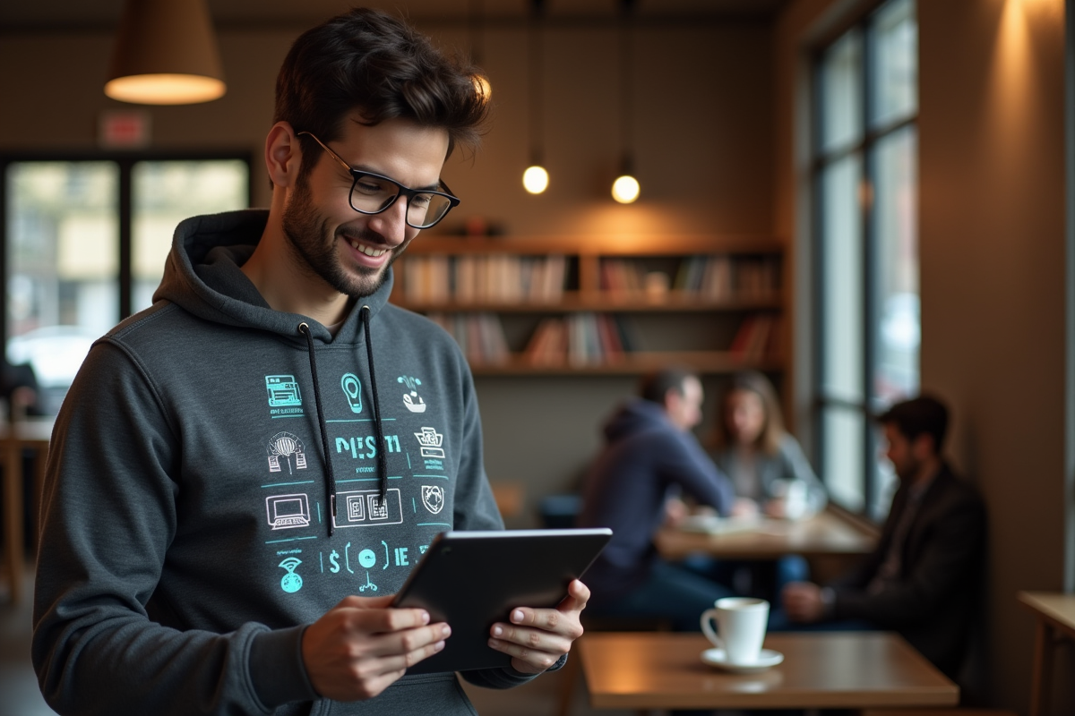 Jeune homme dans un café avec une tablette AI