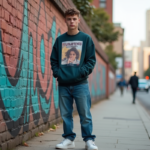 Jeune homme en streetwear devant un mur d'art urbain