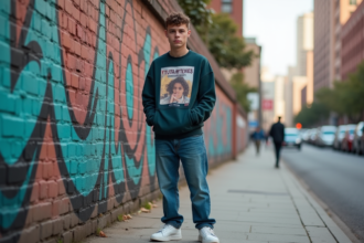 Jeune homme en streetwear devant un mur d'art urbain