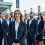 Groupe de vendeurs automobiles professionnels devant des voitures neuves