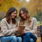 Deux femmes rient en échangeant une lettre et un cadeau en automne