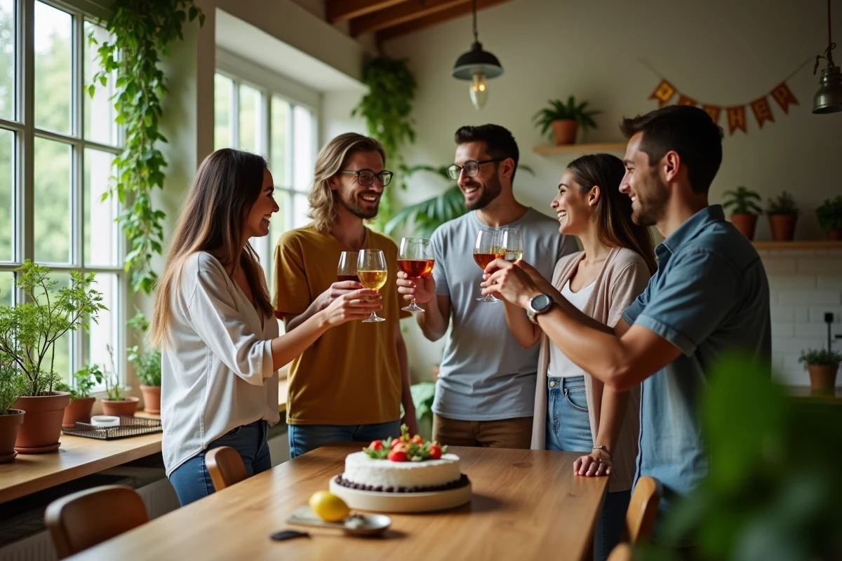 Quatre amis trinant dans une véranda lumineuse et décorée