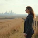 Femme d'affaires contemplant la ville depuis la prairie