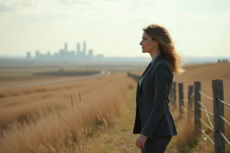 Femme d'affaires contemplant la ville depuis la prairie