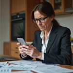 Femme d'affaires fâchée regardant son smartphone à la maison