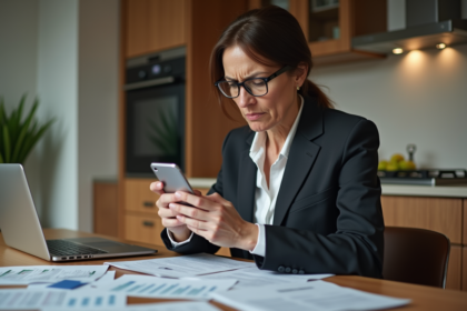 Femme d'affaires fâchée regardant son smartphone à la maison