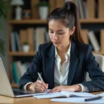 Femme concentrée analysant un ordinateur dans un bureau moderne