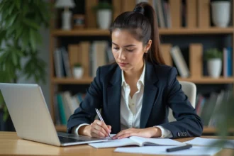Femme concentrée analysant un ordinateur dans un bureau moderne