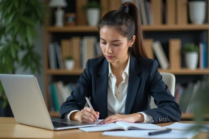 Femme concentrée analysant un ordinateur dans un bureau moderne