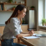 Jeune femme organisée travaillant sur son ordinateur à la maison