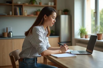 Jeune femme organisée travaillant sur son ordinateur à la maison
