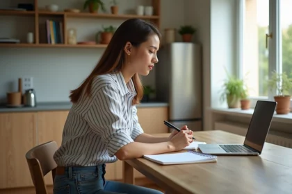 Jeune femme organisée travaillant sur son ordinateur à la maison
