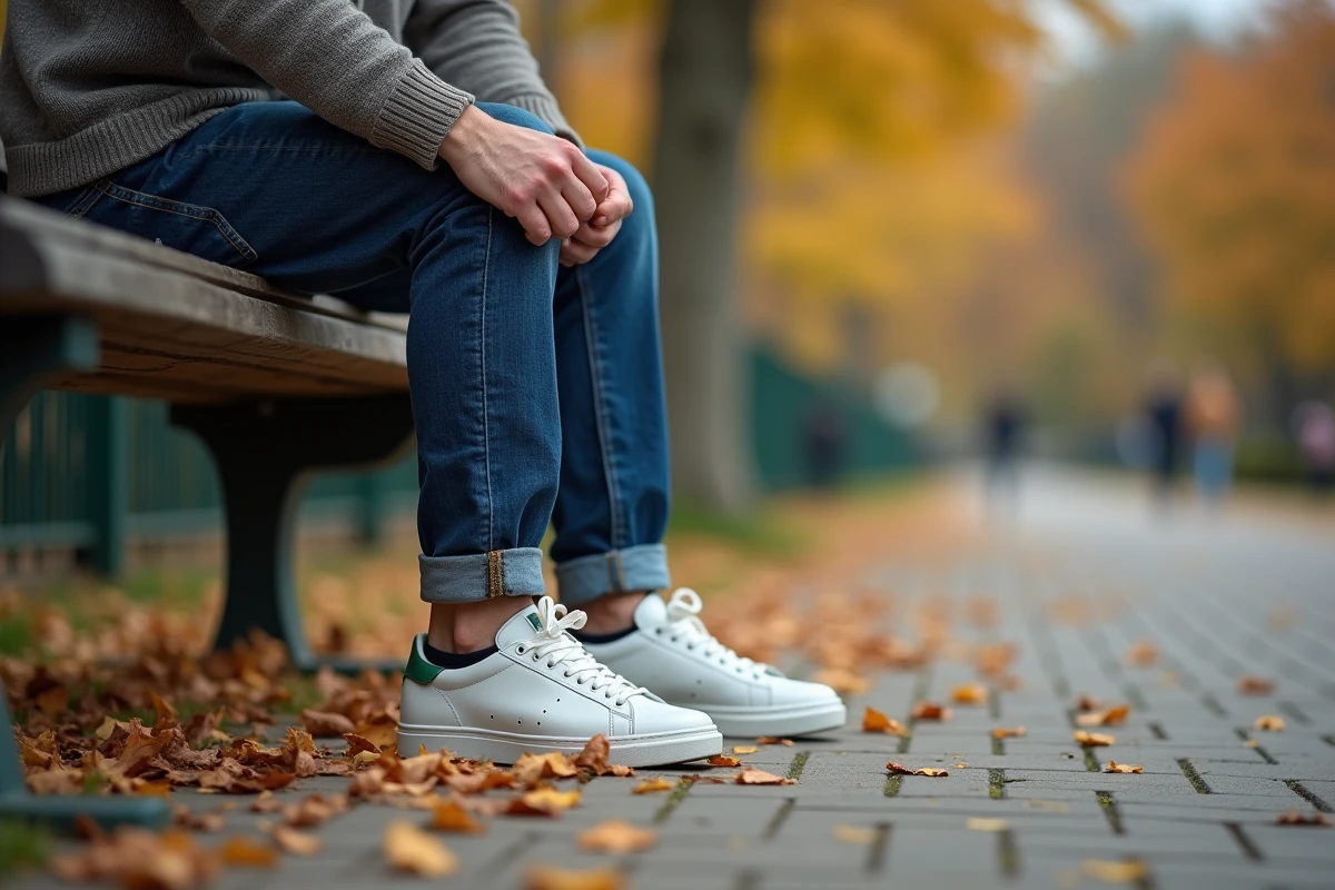 Homme âgé attache ses sneakers dans un parc automnal